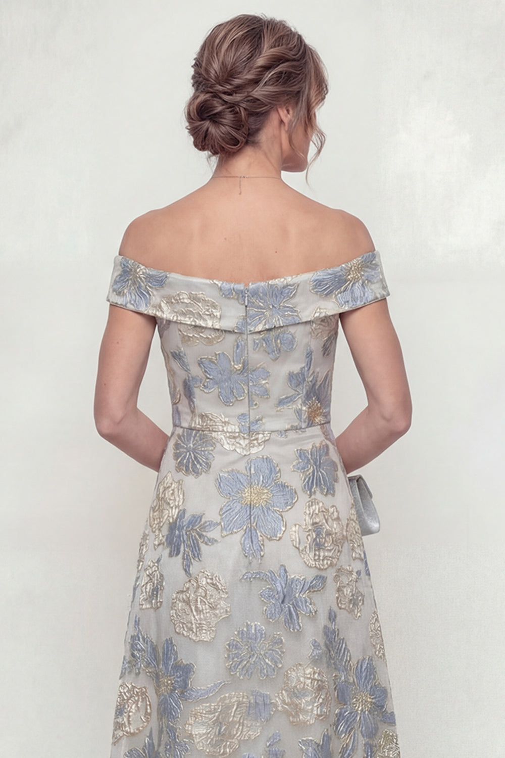 Dusty Blue A Line Floral Off The Shoulder Mother Of Bride Dress