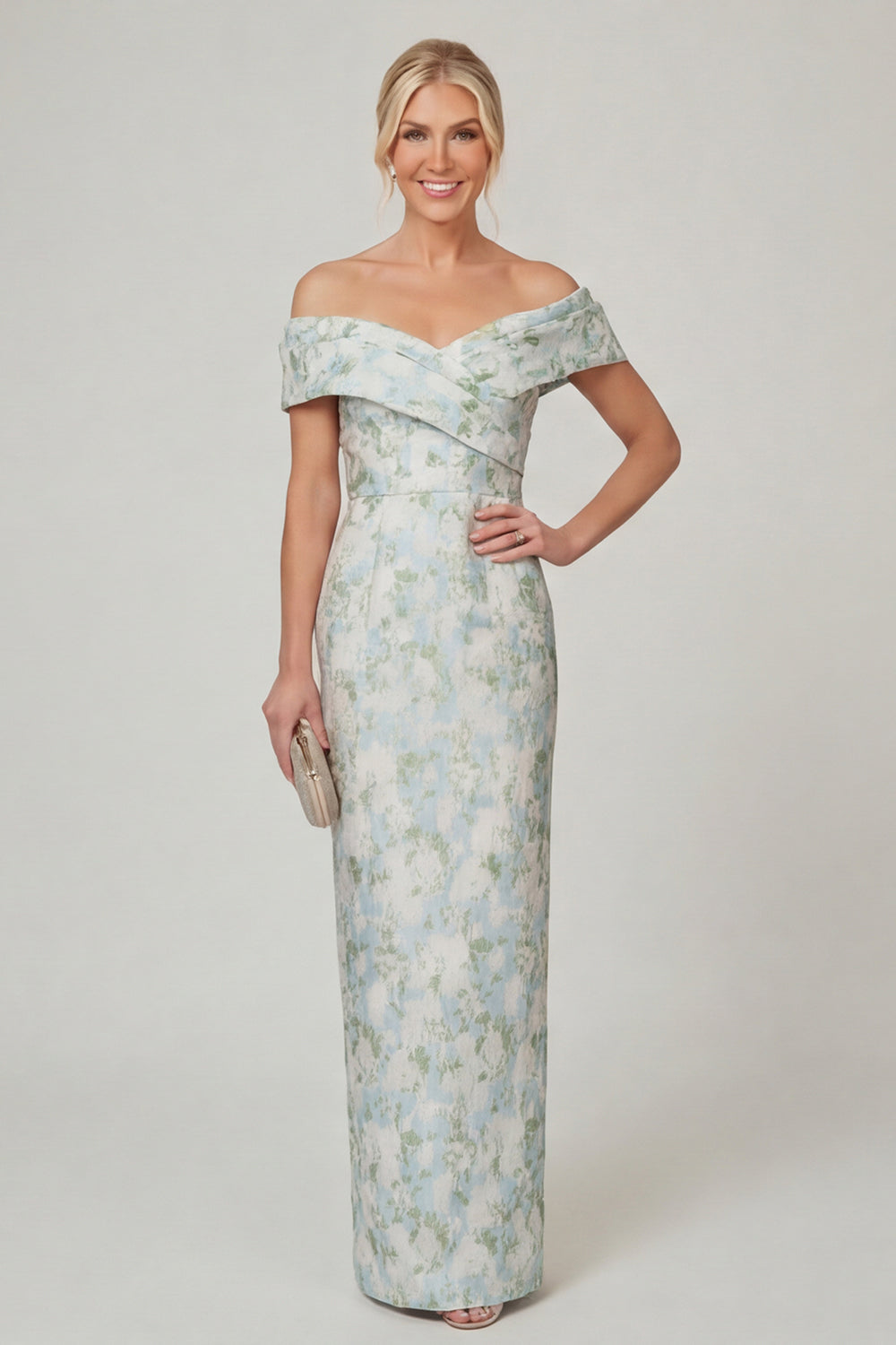 Off the Shoulder Fuchsia Sheath Printed Floral Long Mother of the Bride Dress