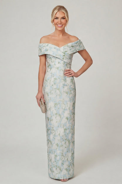 Off the Shoulder Fuchsia Sheath Printed Floral Long Mother of the Bride Dress
