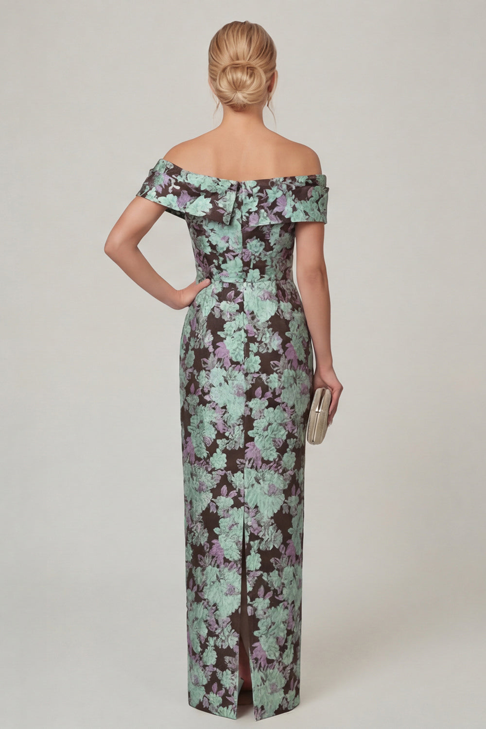 Off the Shoulder Fuchsia Sheath Printed Floral Long Mother of the Bride Dress