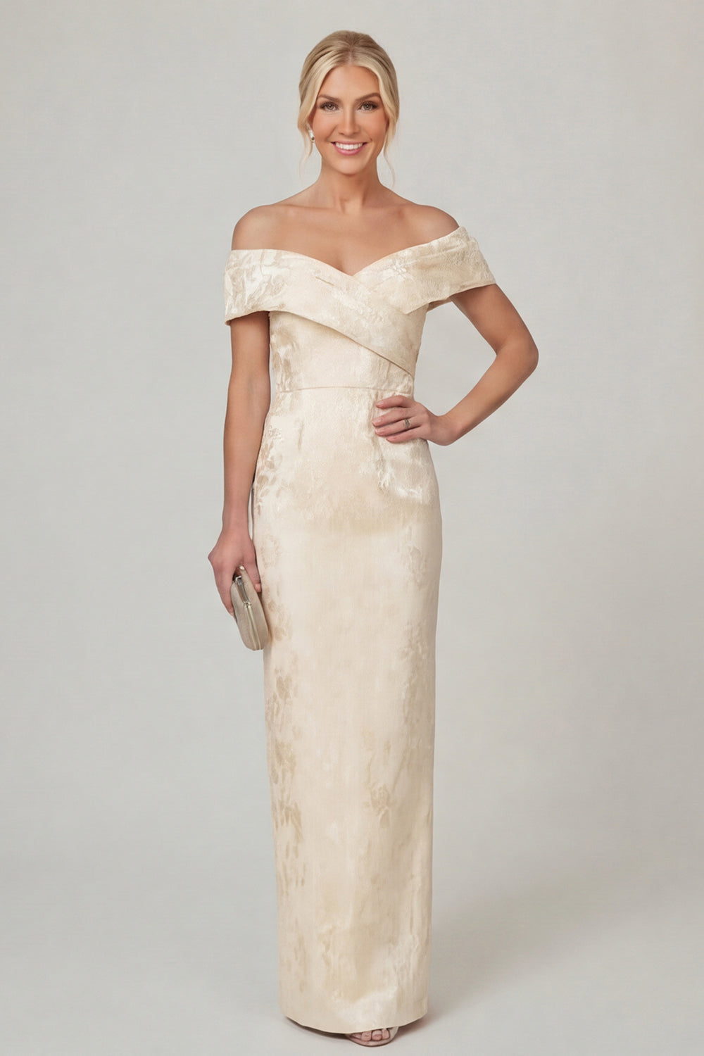 Olive Sheath Off the Shoulder Floral Long Mother of the Bride Dress with Slit