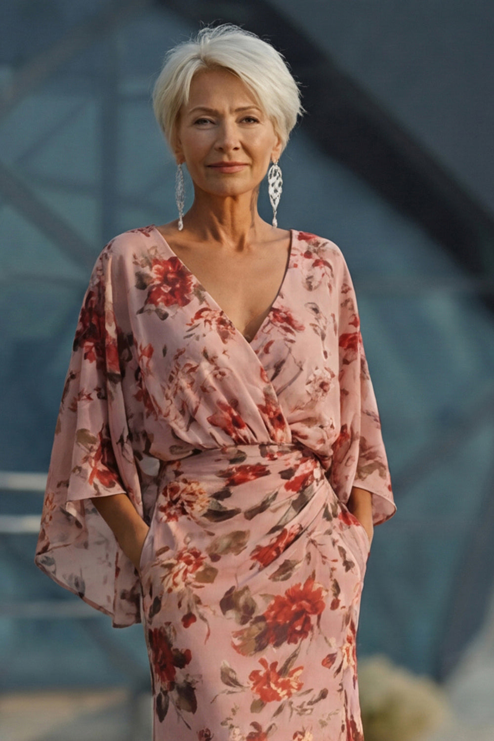 Dusty Rose Floral V Neck Sheath Mother of the Bride Dress with Flared Sleeves