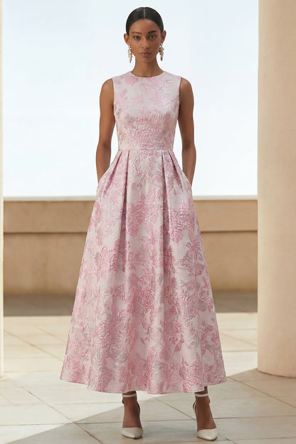 Floral Ivory Pink A Line Maxi Formal Dress with Pockets