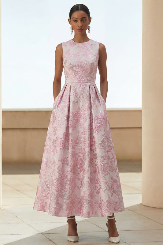 Floral Ivory Pink A Line Maxi Formal Dress with Pockets