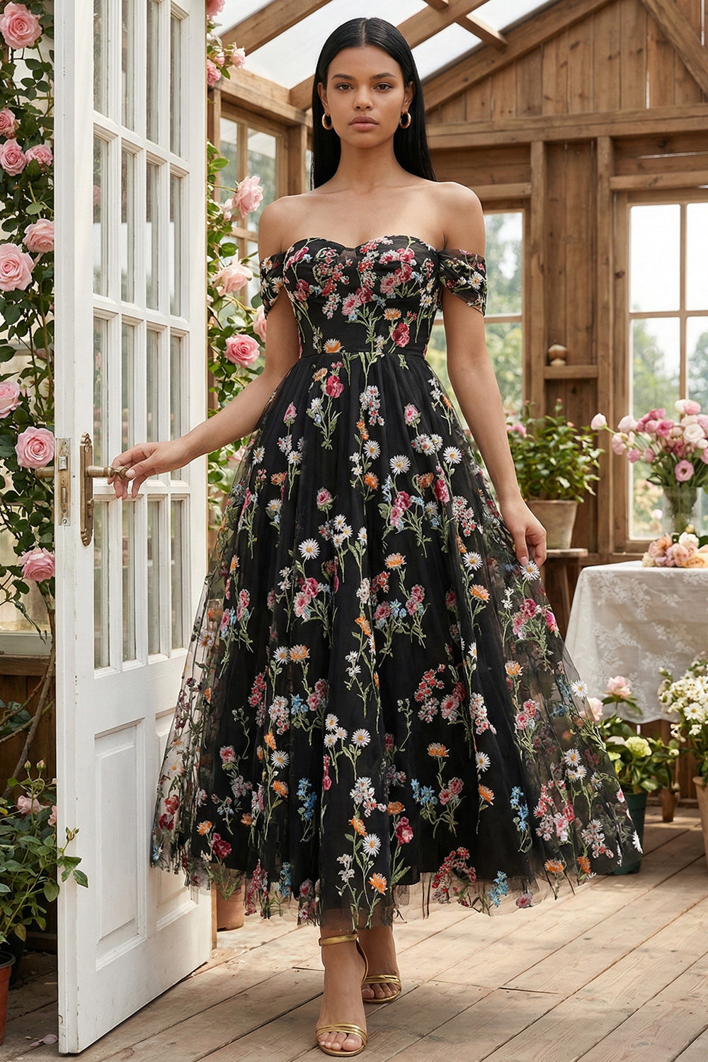 Black Floral A Line Off the Shoulder Maxi Formal Dress