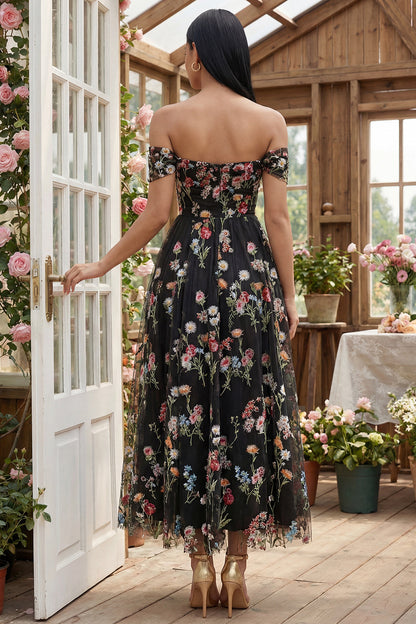 Black Floral A Line Off the Shoulder Maxi Formal Dress