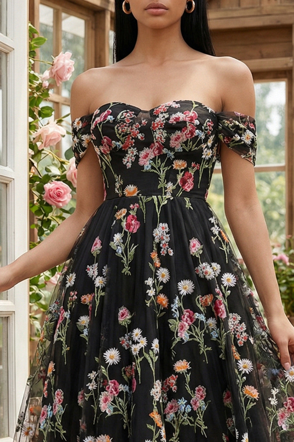 Black Floral A Line Off the Shoulder Maxi Formal Dress
