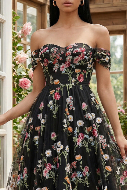 Black Floral A Line Off the Shoulder Maxi Formal Dress