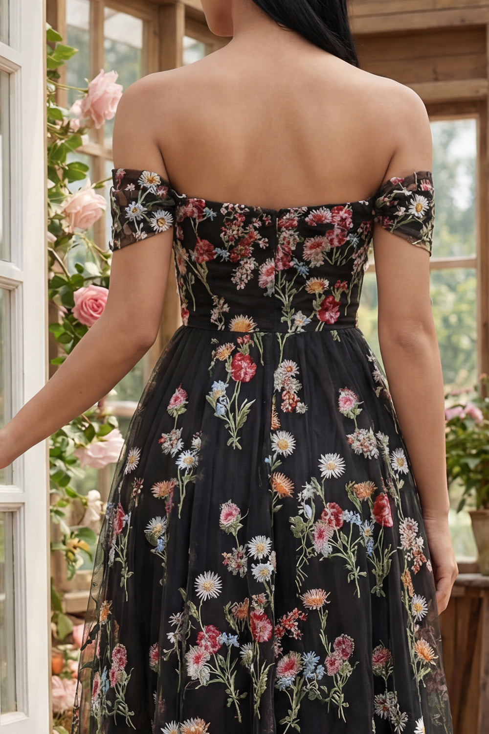 Black Floral A Line Off the Shoulder Maxi Formal Dress