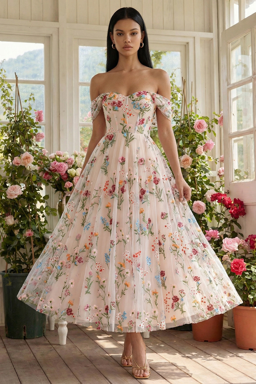 Black Floral A Line Off the Shoulder Maxi Formal Dress
