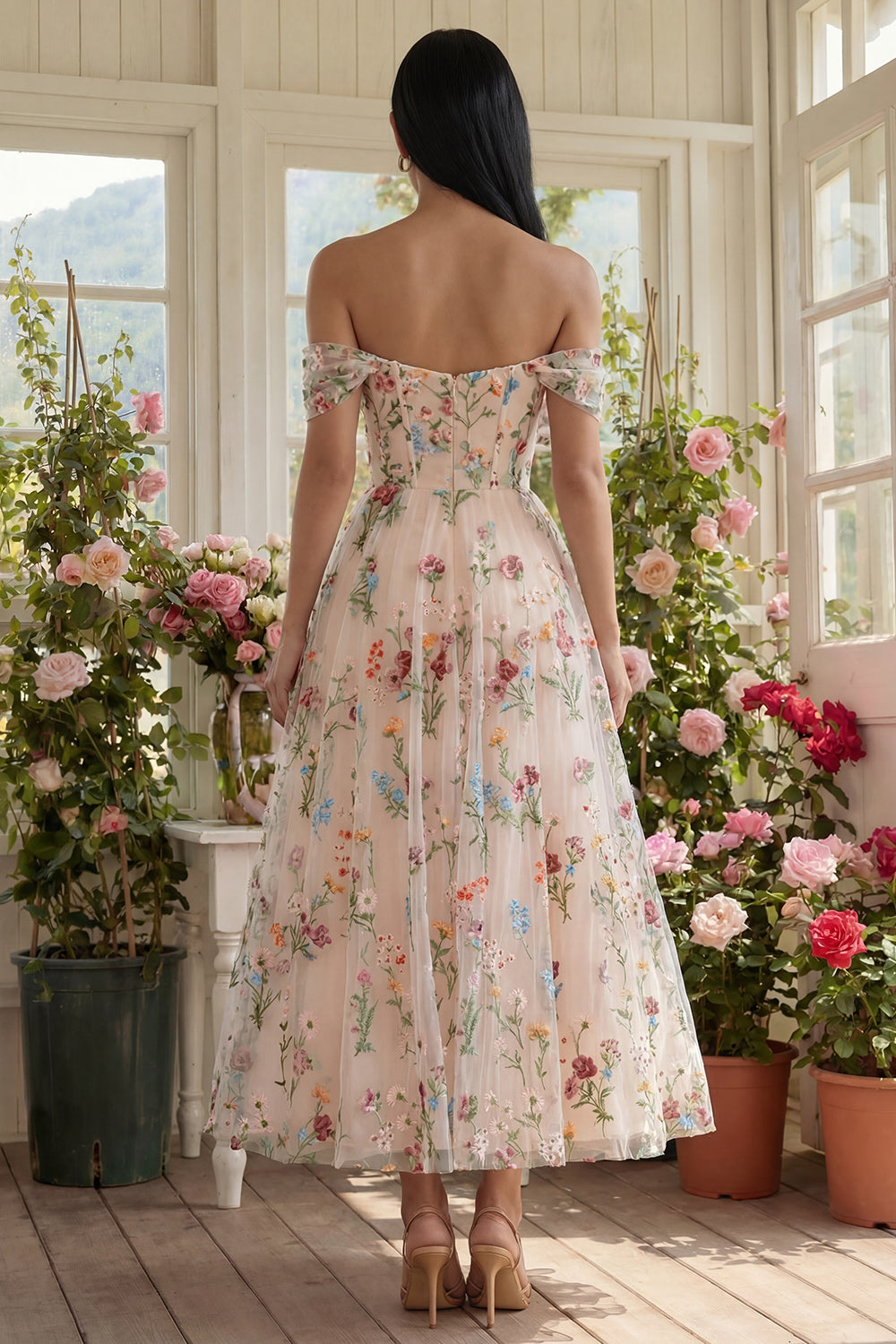 Black Floral A Line Off the Shoulder Maxi Formal Dress