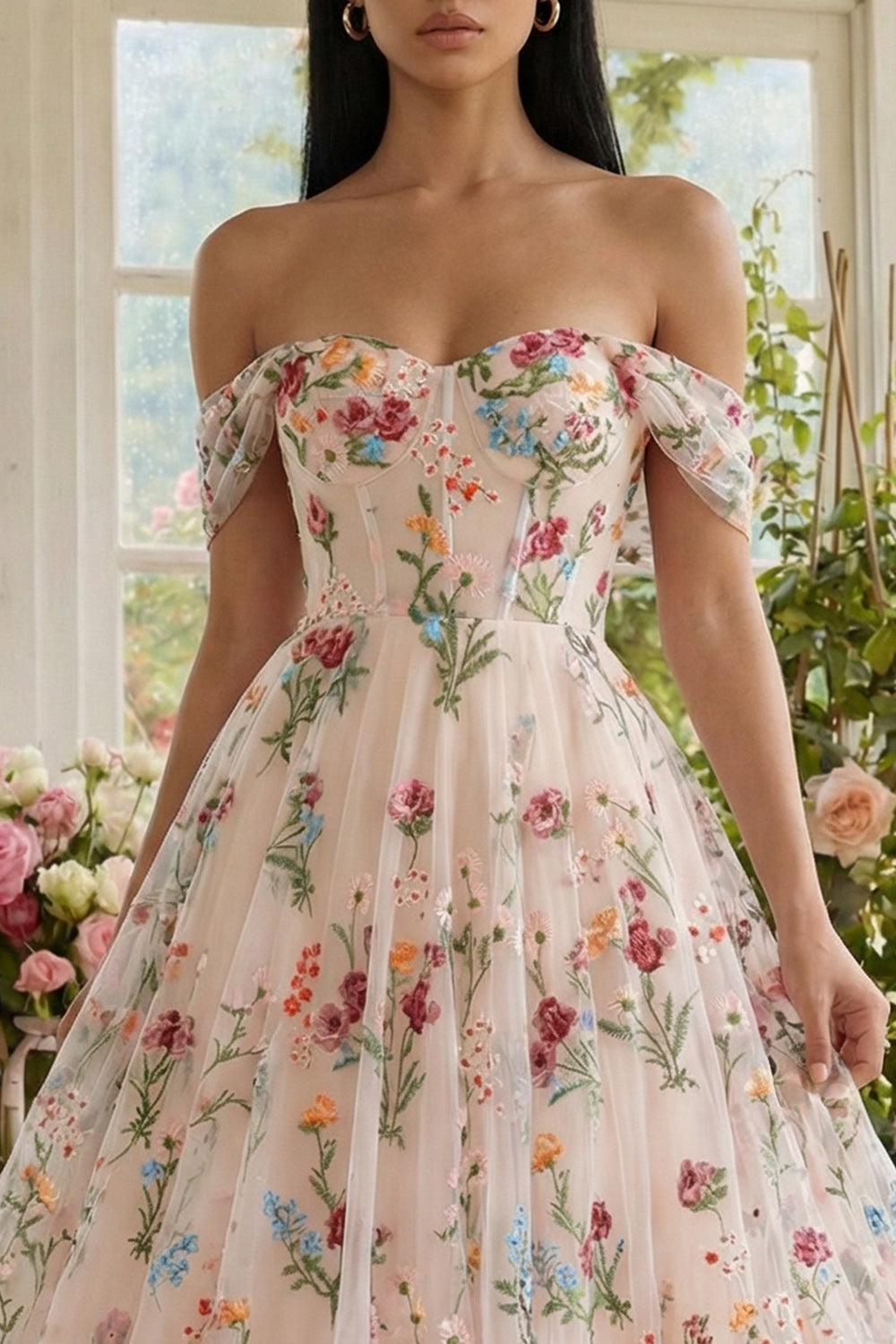 Black Floral A Line Off the Shoulder Maxi Formal Dress