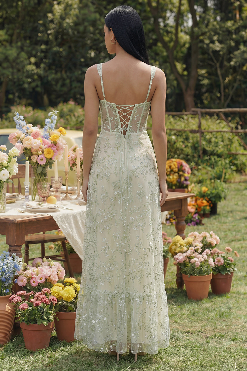 Light Green Floral Corset Long A Line Formal Dress with Slit