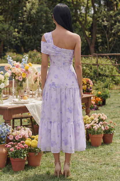 Lilac Floral One Shoulder A Line Maxi Formal Dress Prom Dress
