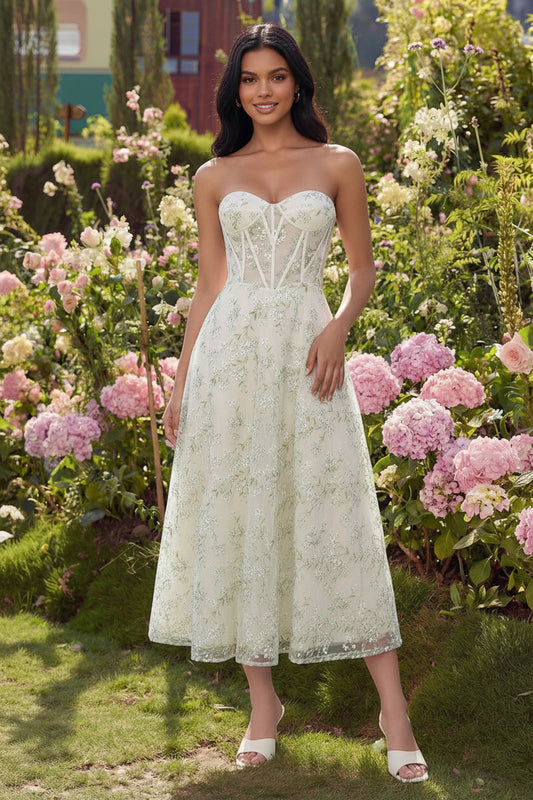 Light Green Corset Floral Sweetheart Maxi A Line Formal Dress