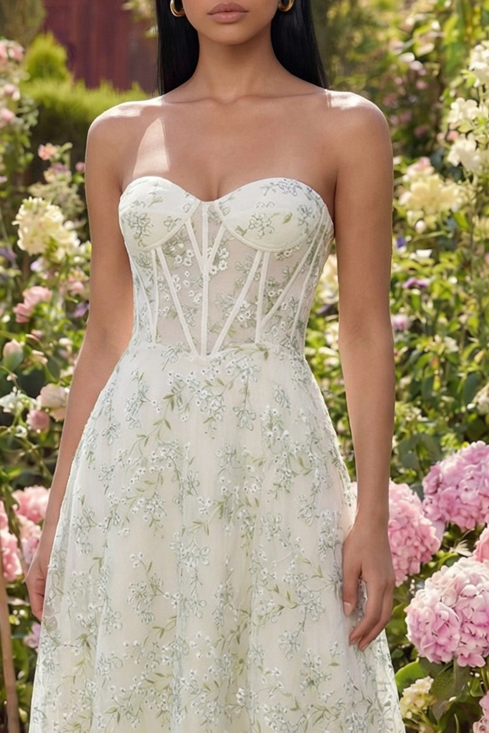 Light Green Corset Floral Sweetheart Maxi A Line Formal Dress