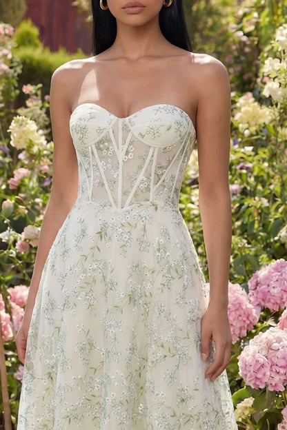 Light Green Corset Floral Sweetheart Maxi A Line Formal Dress
