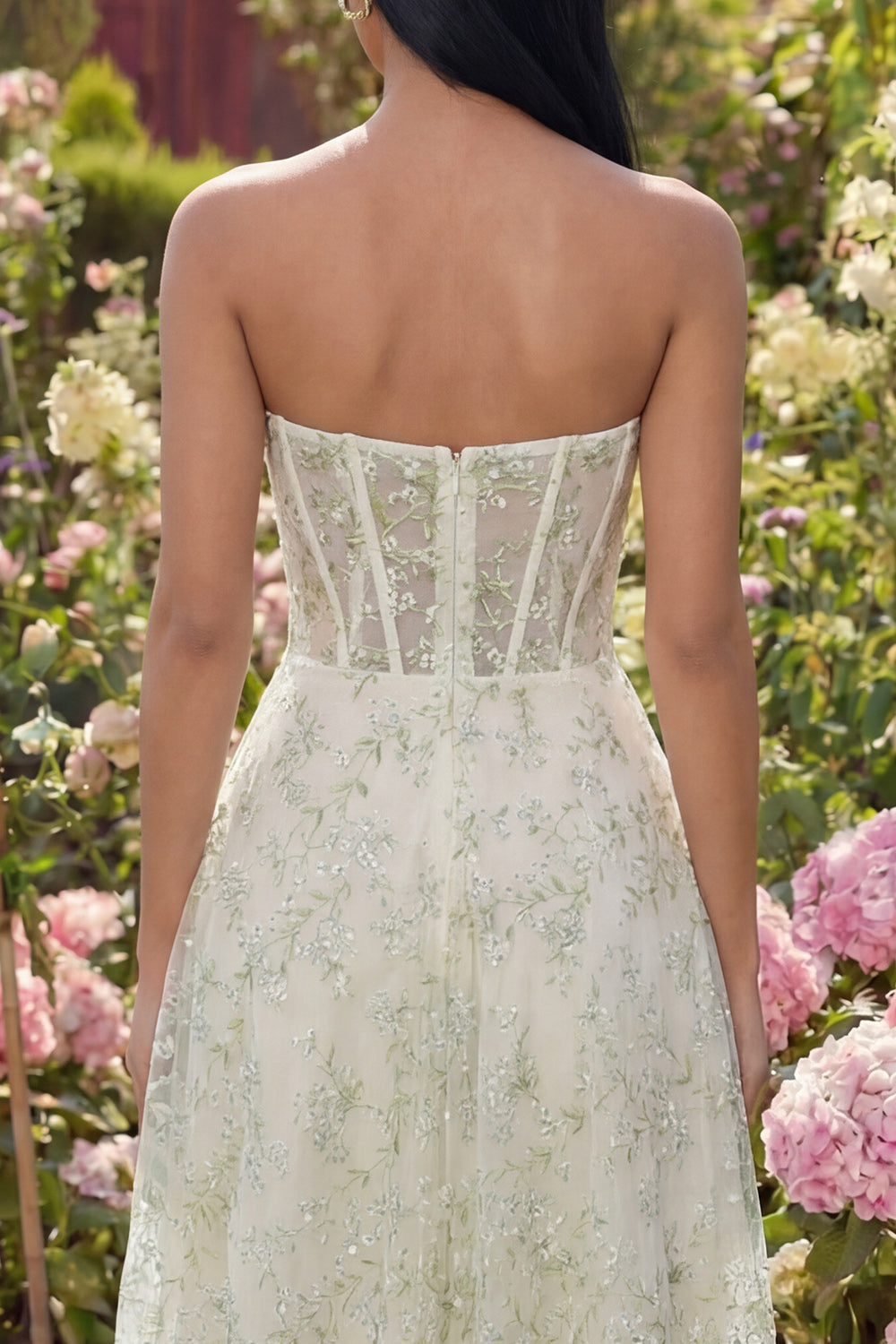 Light Green Corset Floral Sweetheart Maxi A Line Formal Dress