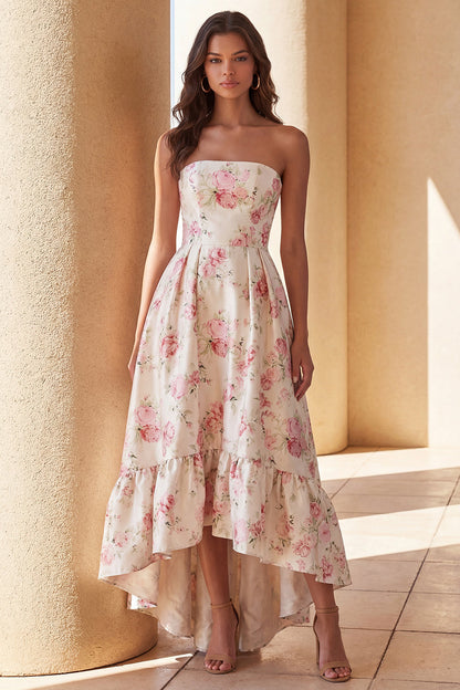 White Pink Floral A Line Strapless High-Low Formal Dress