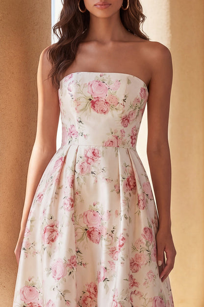 White Pink Floral A Line Strapless High-Low Formal Dress