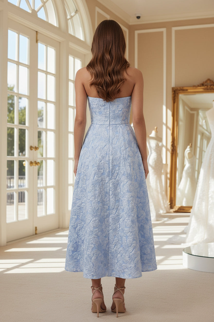 Strapless Floral A Line Blue Maxi Formal Dress with Slit