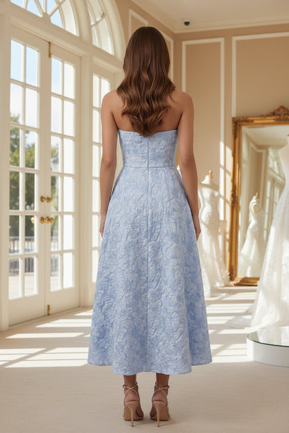 Strapless Floral A Line Blue Maxi Formal Dress with Slit