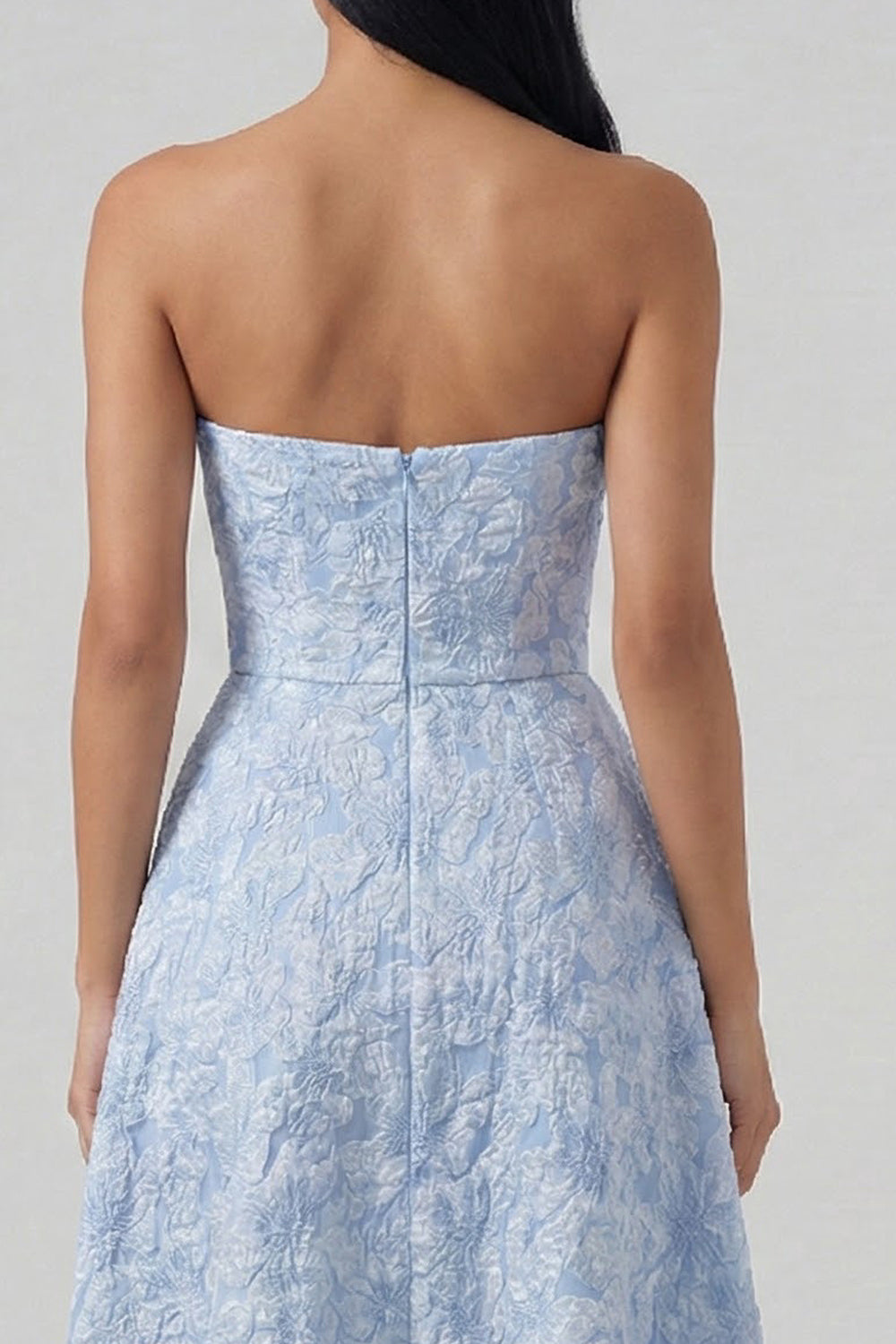Strapless Floral A Line Blue Maxi Formal Dress with Slit