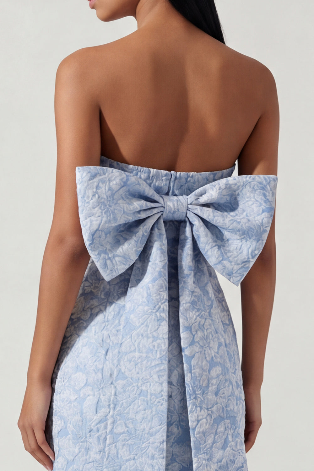 Strapless Floral Sheath Blue Maxi Formal Dress with Bow