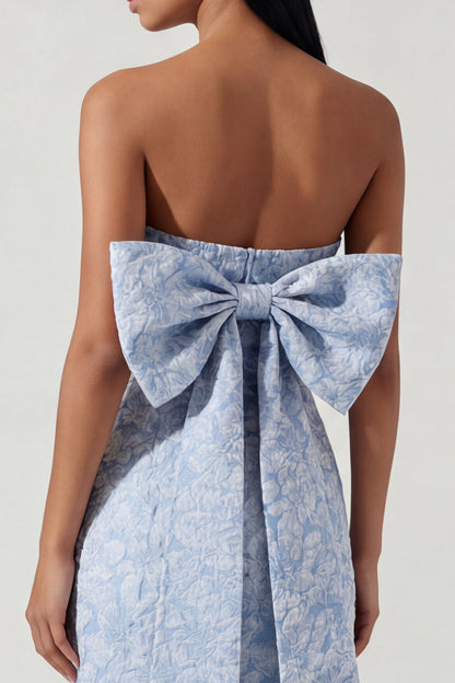 Strapless Floral Sheath Blue Maxi Formal Dress with Bow