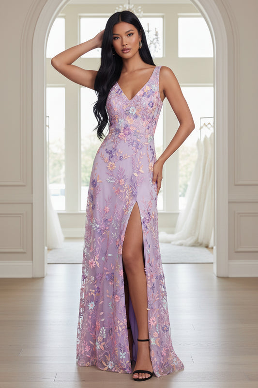 Lilac Floral Mermaid V-Neck Maxi Formal Dress with Slit