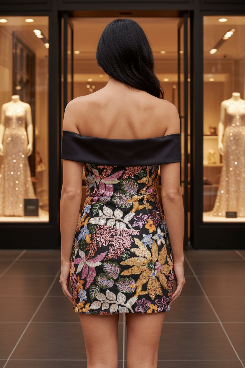 Floral Off the Shoulder Black Bodycon Jacquard Short Prom Dress