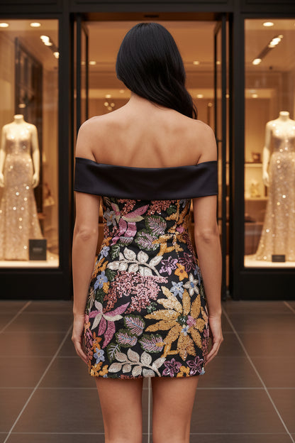 Floral Off the Shoulder Black Bodycon Jacquard Short Prom Dress