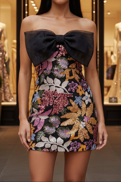 Black Bodycon Jacquard Floral Strapless Short Prom Dress with Detachable Bow