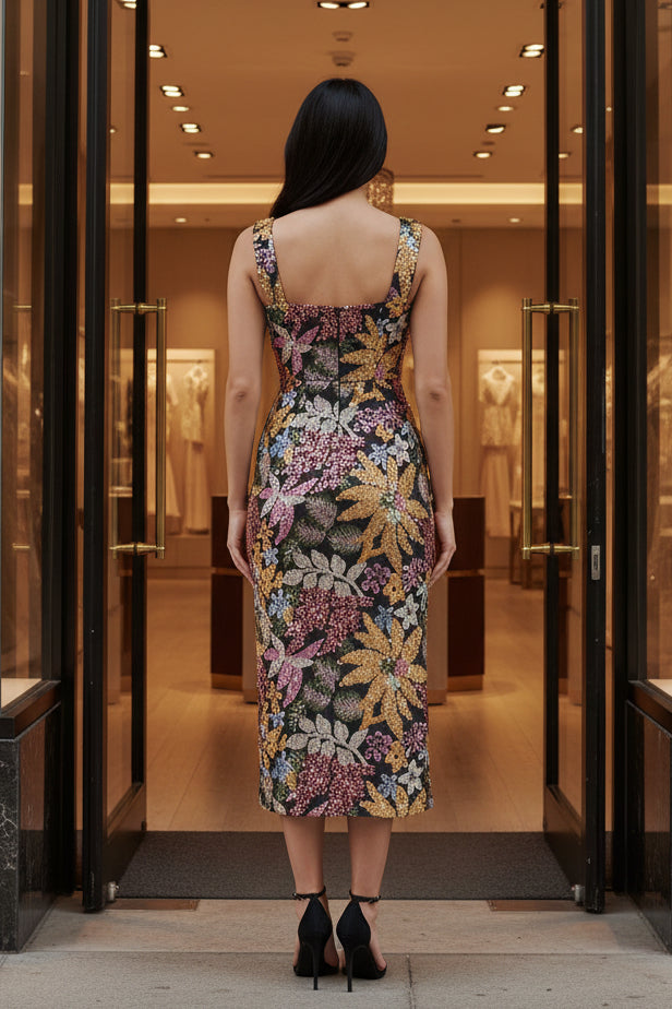 Elegant Floral Jacquard Sheath Long Prom Dress with Slit