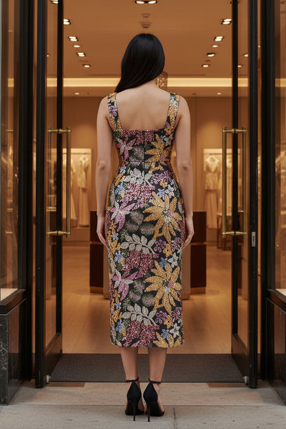 Elegant Floral Jacquard Sheath Long Prom Dress with Slit