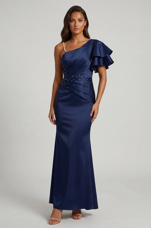 Navy Mermaid Beaded Pearls Long Mother of the Bride Dress with Flutter Sleeves