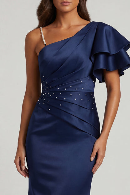 Navy Mermaid Beaded Pearls Long Mother of the Bride Dress with Flutter Sleeves