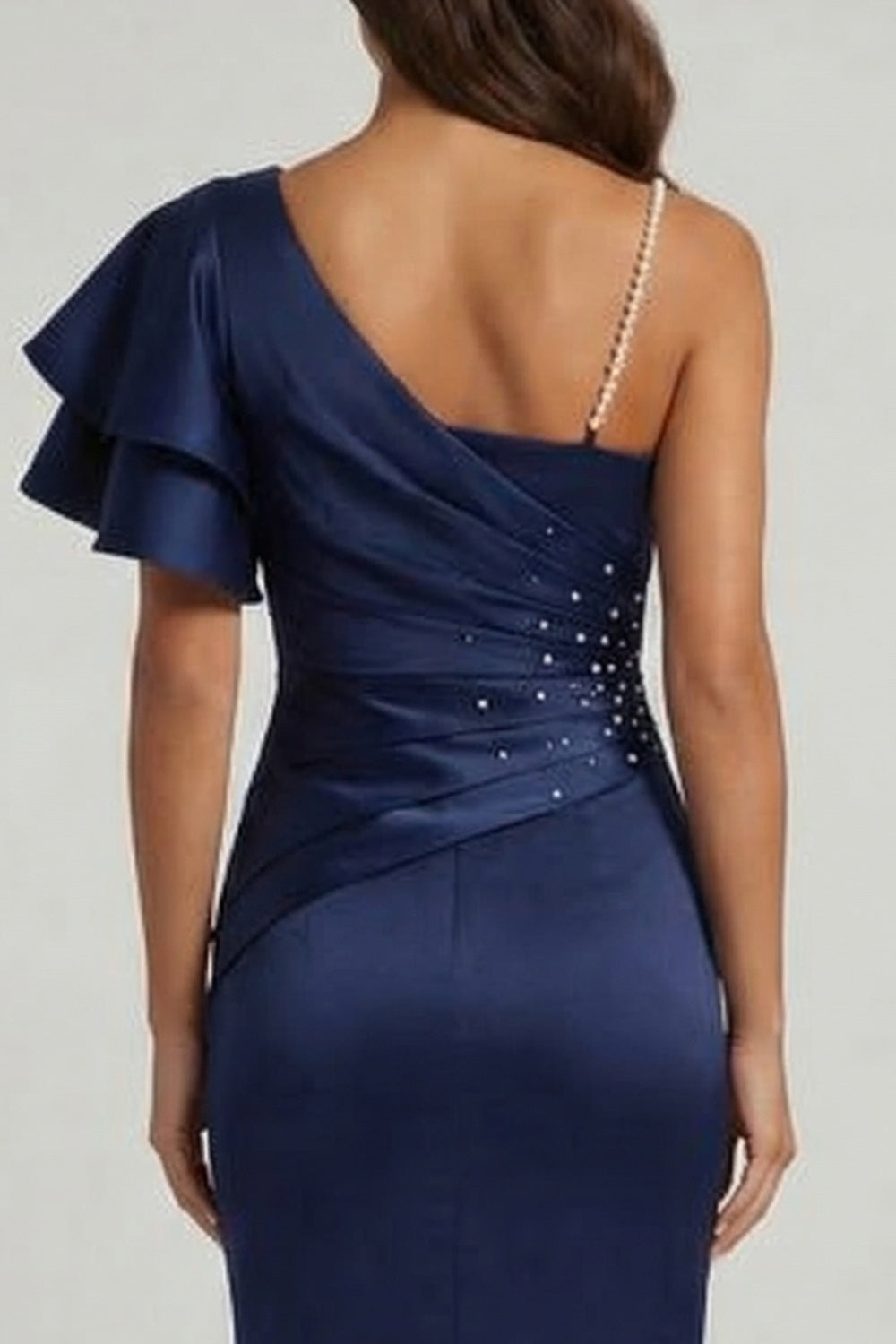 Navy Mermaid Beaded Pearls Long Mother of the Bride Dress with Flutter Sleeves