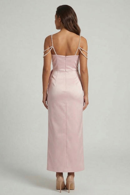 Blush Sheath Beaded Pearls Midi Mother of the Bride Dress with Bow