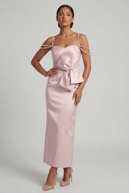 Blush Sheath Beaded Pearls Midi Mother of the Bride Dress with Bow