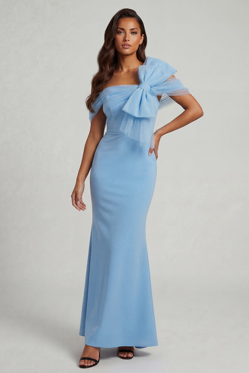 Mermaid Sky Blue One Shoulder Corset Long Mother of the Bride Dress with Bow