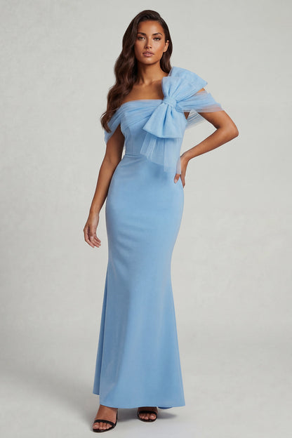 Mermaid Sky Blue One Shoulder Corset Long Mother of the Bride Dress with Bow