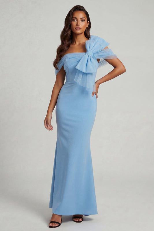 Mermaid Sky Blue One Shoulder Corset Long Mother of the Bride Dress with Bow