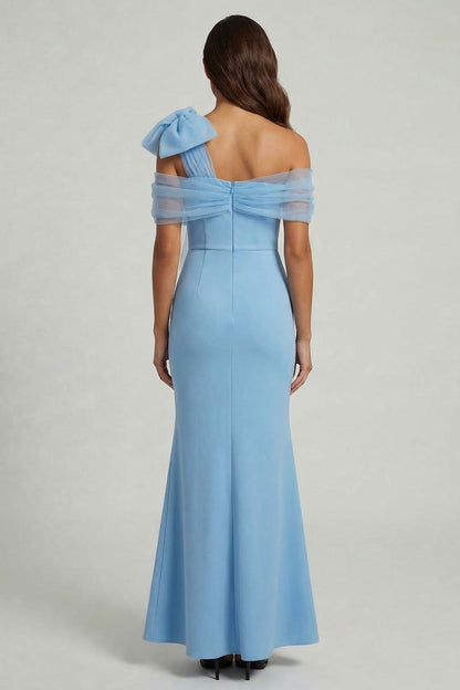 Mermaid Sky Blue One Shoulder Corset Long Mother of the Bride Dress with Bow