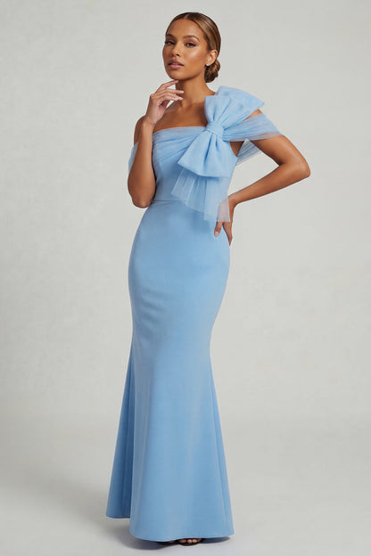 Mermaid Sky Blue One Shoulder Corset Long Mother of the Bride Dress with Bow