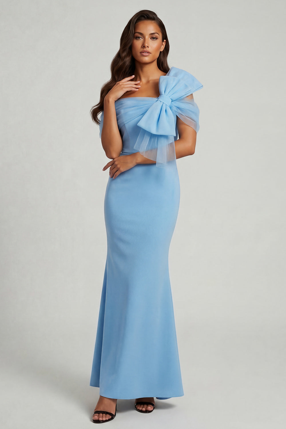 Mermaid Sky Blue One Shoulder Corset Long Mother of the Bride Dress with Bow