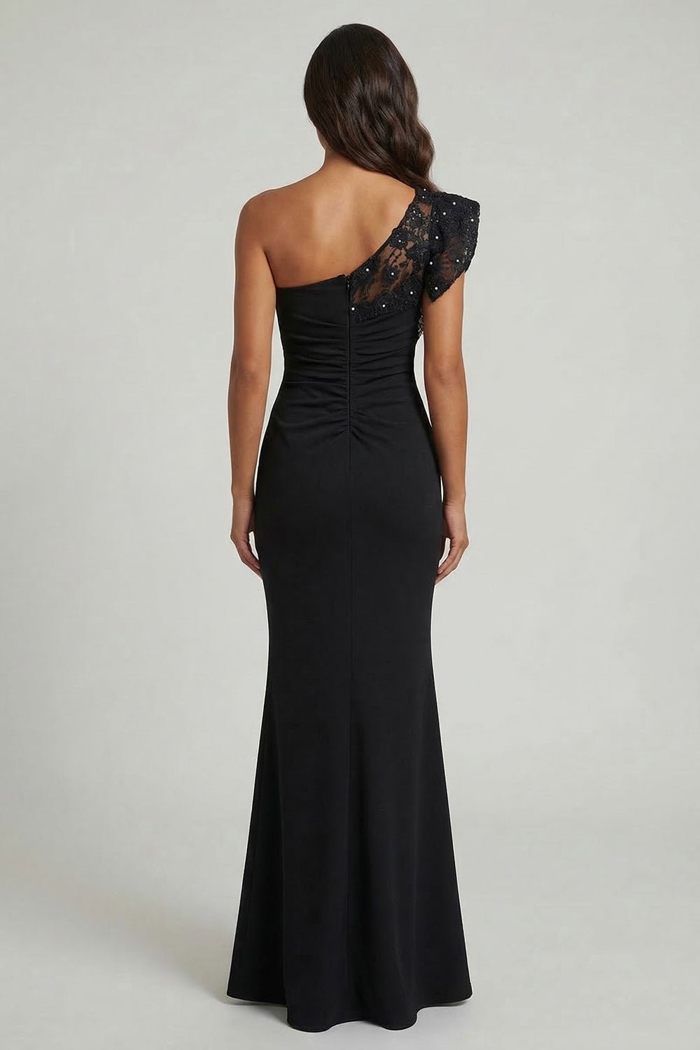 Black One Shoulder Mermaid Beaded Long Mother of the Bride Dress with Lace
