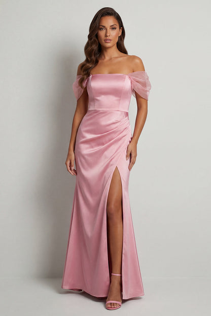 Off the Shoulder Pink Mermaid Long Mother of the Bride Dress with Slit