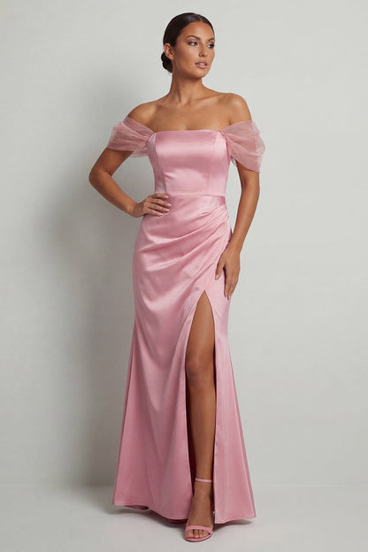 Off the Shoulder Pink Mermaid Long Mother of the Bride Dress with Slit