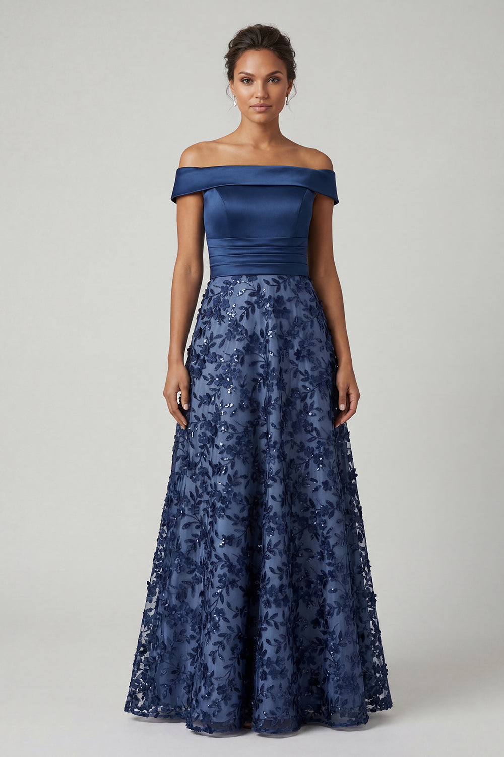 Off The Shoulder Navy Sequins A Line Long Mother of the Bride Dress